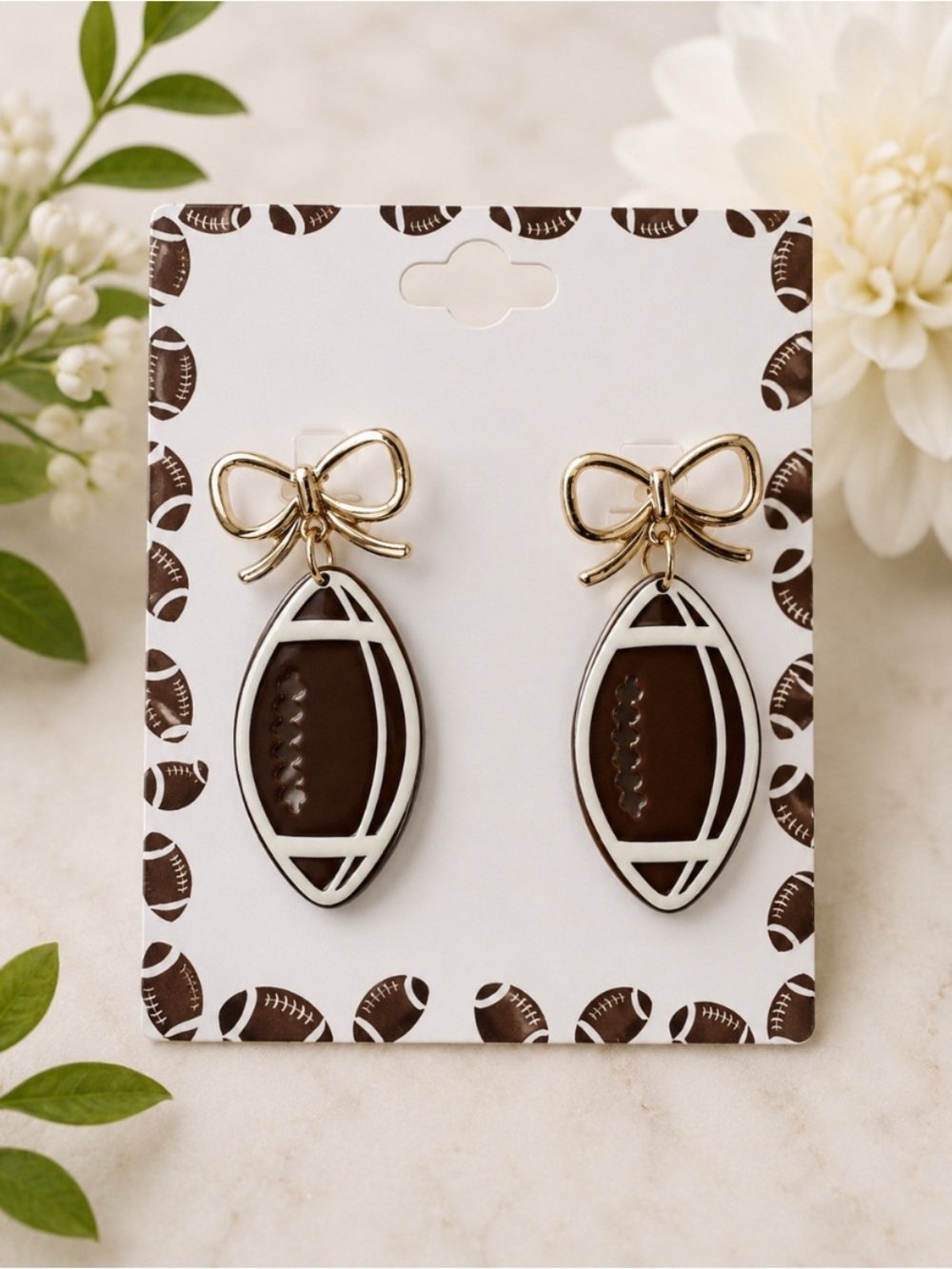 Gold Bow Brown Football Dangle Earrings - Women Jewelry
